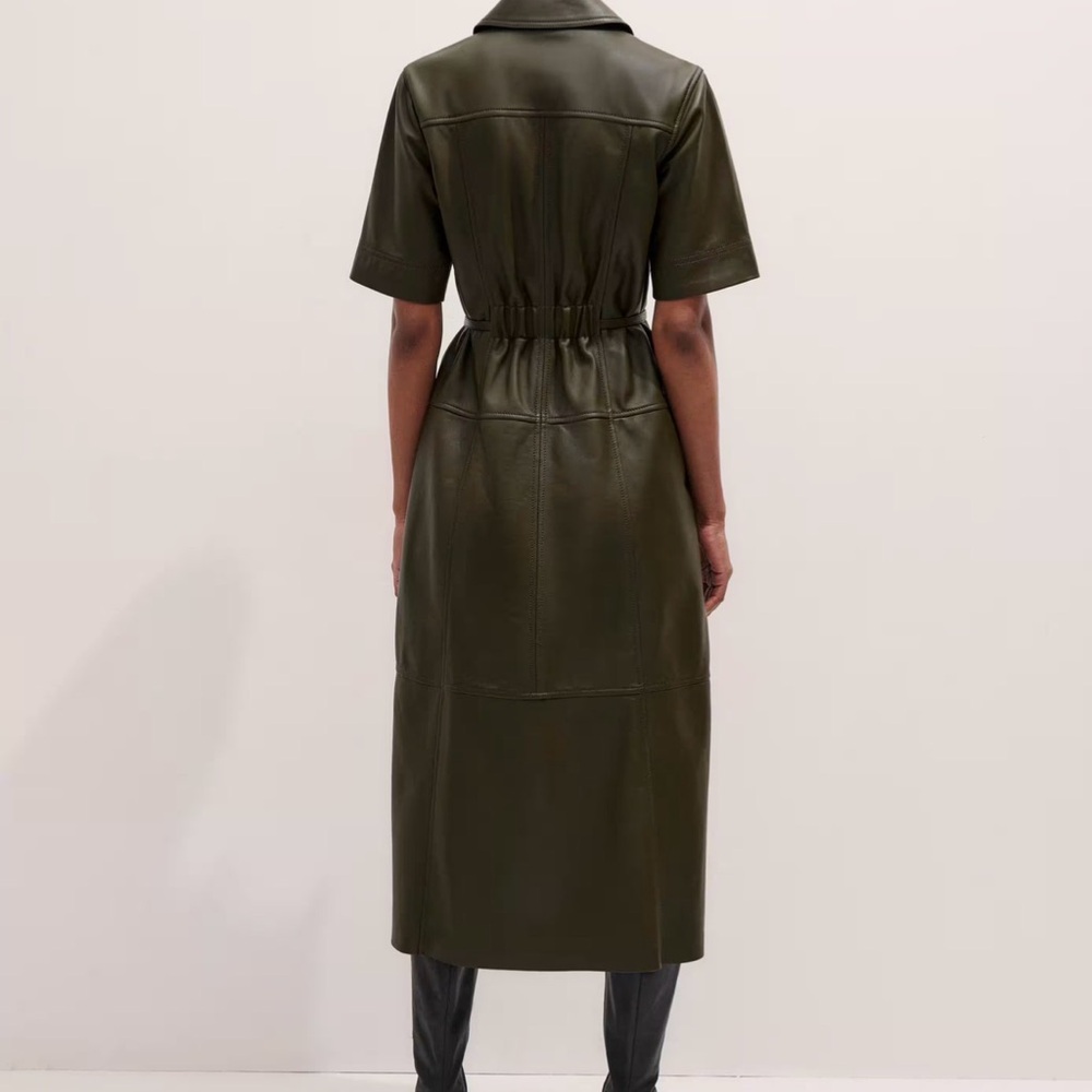 ME+EM Leather Intense Olive Midi Dress w/ Belt-Zip Front Short Sleeve US 8 - Picture 3 of 11
